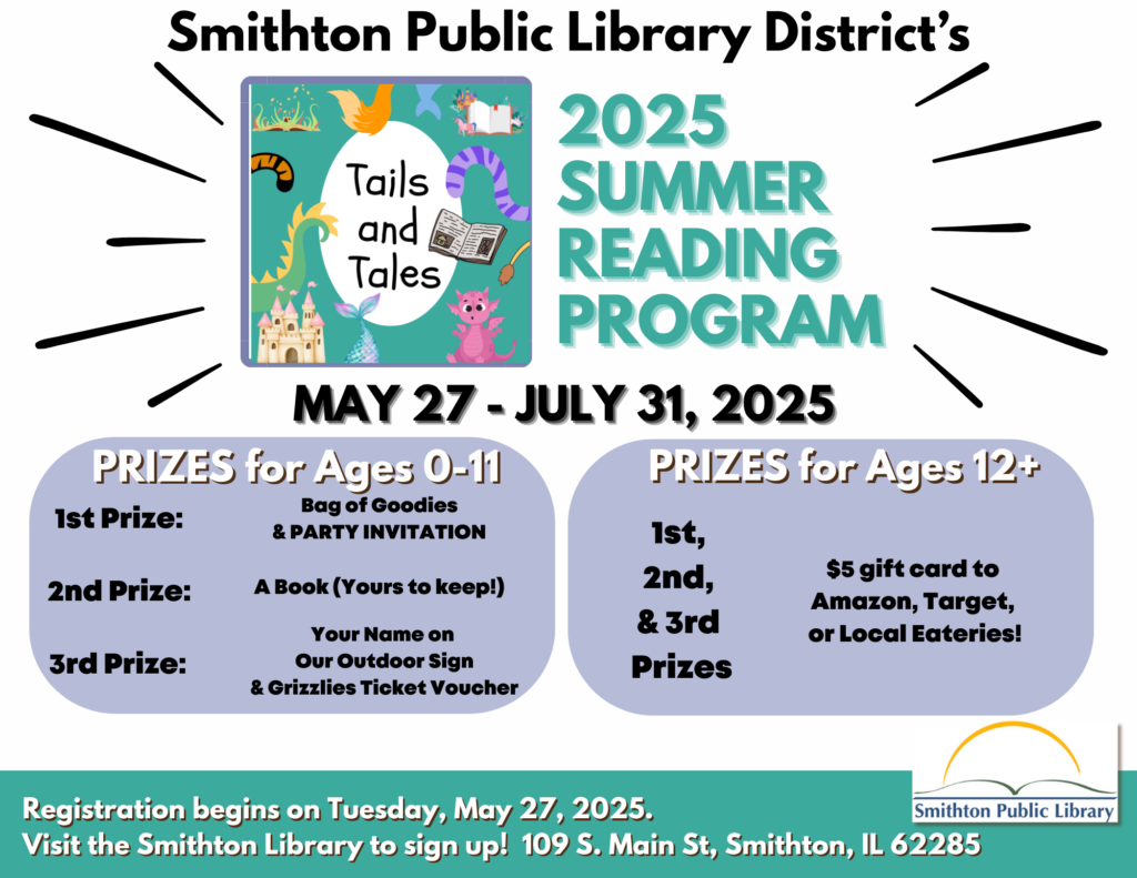 2025 Summer Reading Program flyer lists prizes (described below)