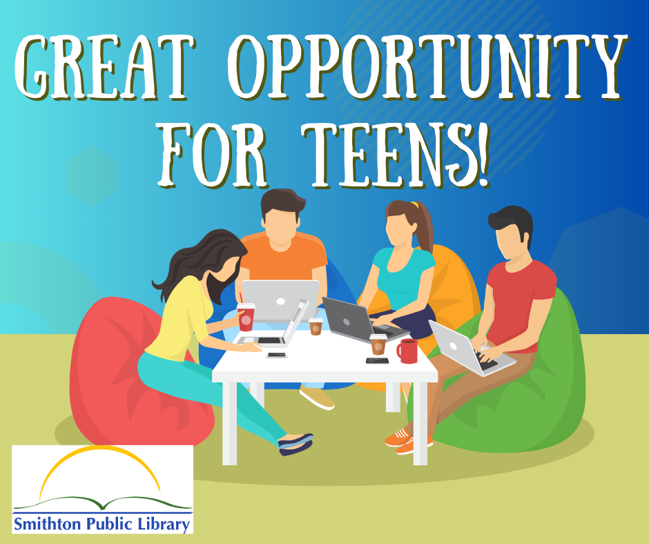 Great opportunity for teens shows a group of teens on their laptops drinking hot coffee