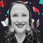 Headshot of Jenna Dauer, library director with books in background