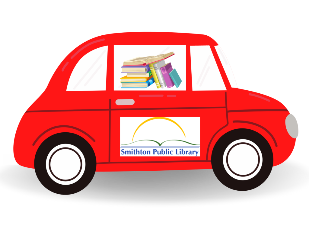 Red car logo with Smithton Public Library logo on side, use to promote the Homebound Outreach Program
