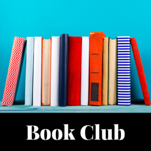 picture of books standing up, text says book club