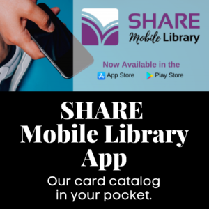 Logo for SHARE Mobile Library App, our card catalog in your pocket