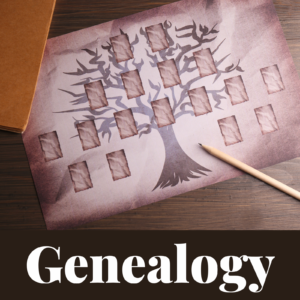 picture of a blank family tree, text says genealogy