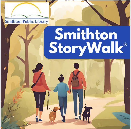 Smithton StoryWalk image of people walking down a trail with dogs