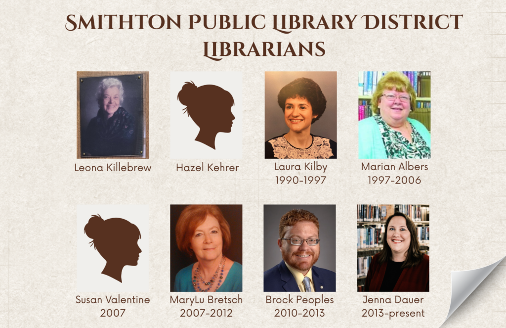Commemorative display titled ‘Smithton Public Library District Librarians,’ featuring portraits and silhouettes of past and present librarians with their names and years of service. Includes Leona Killebrew, Hazel Kehrer, Laura Kilby (1990–1997), Marian Albers (1997–2006), Susan Valentine (2007), MaryLu Bretsch (2007–2012), Brock Peoples (2010–2013), and Jenna Dauer (2013–present).